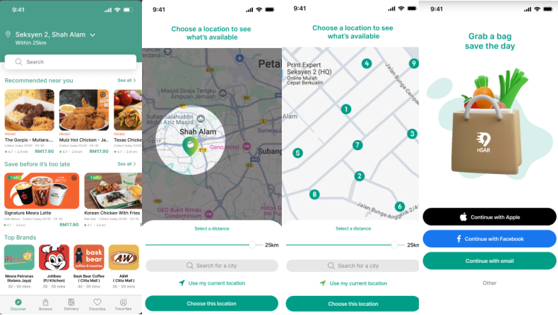 nSAR app screens showing food discovery, location selection and sign-in