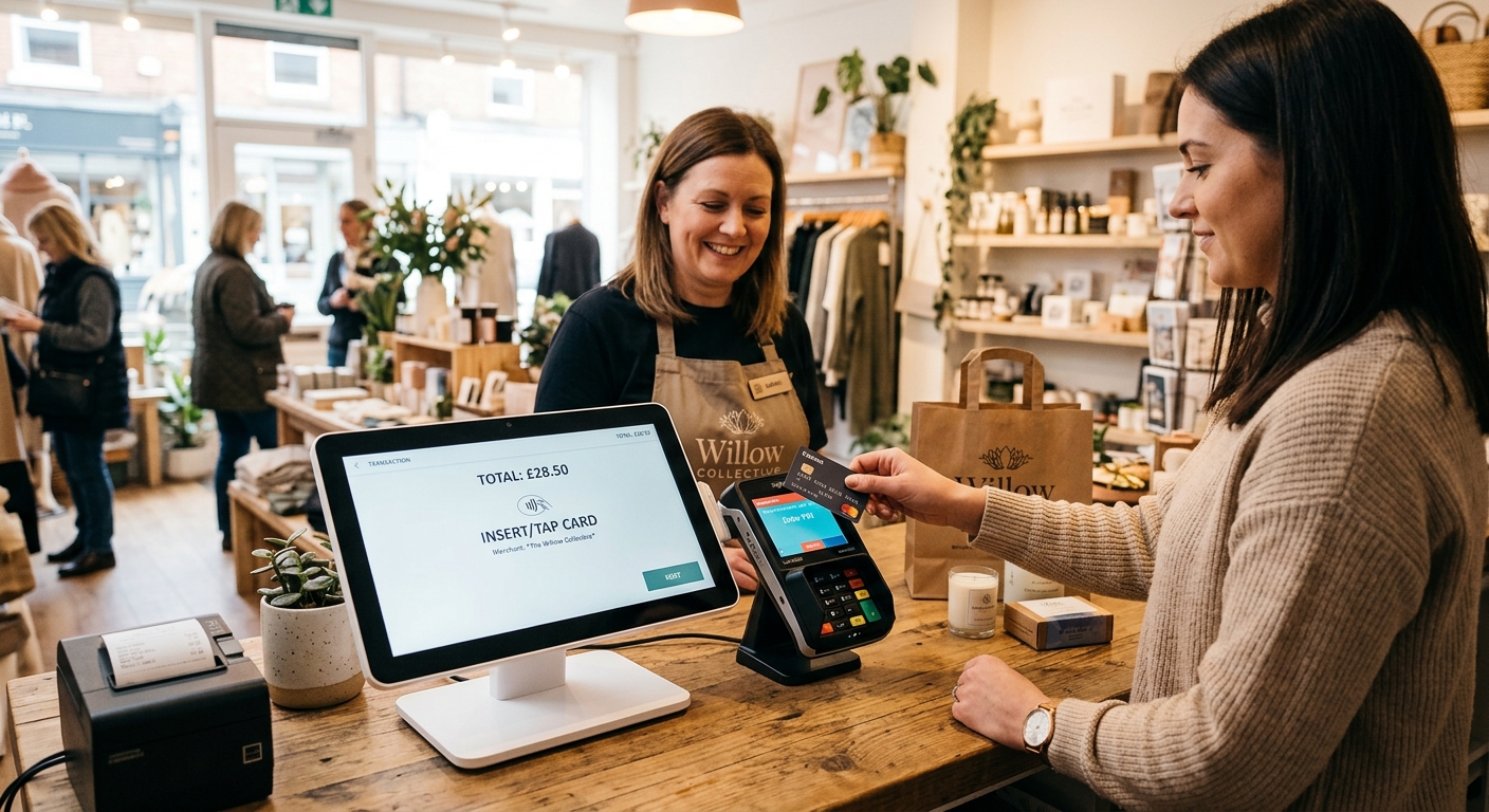 A retail Fibernatic POS terminal at checkout